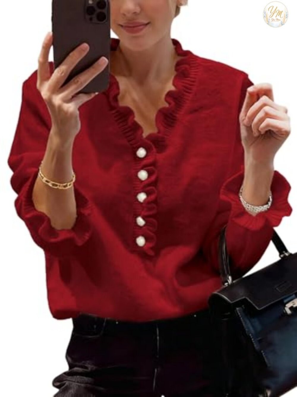 Long Sleeve Ruffle Knit Pullover Sweater with Pearls Beaded V-Neck Button Front